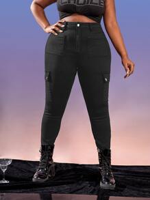 SHEIN SXY Quần Denim kích thước lớn Nút Túi Dây kéo màu trơn - màu đen - Xem 1