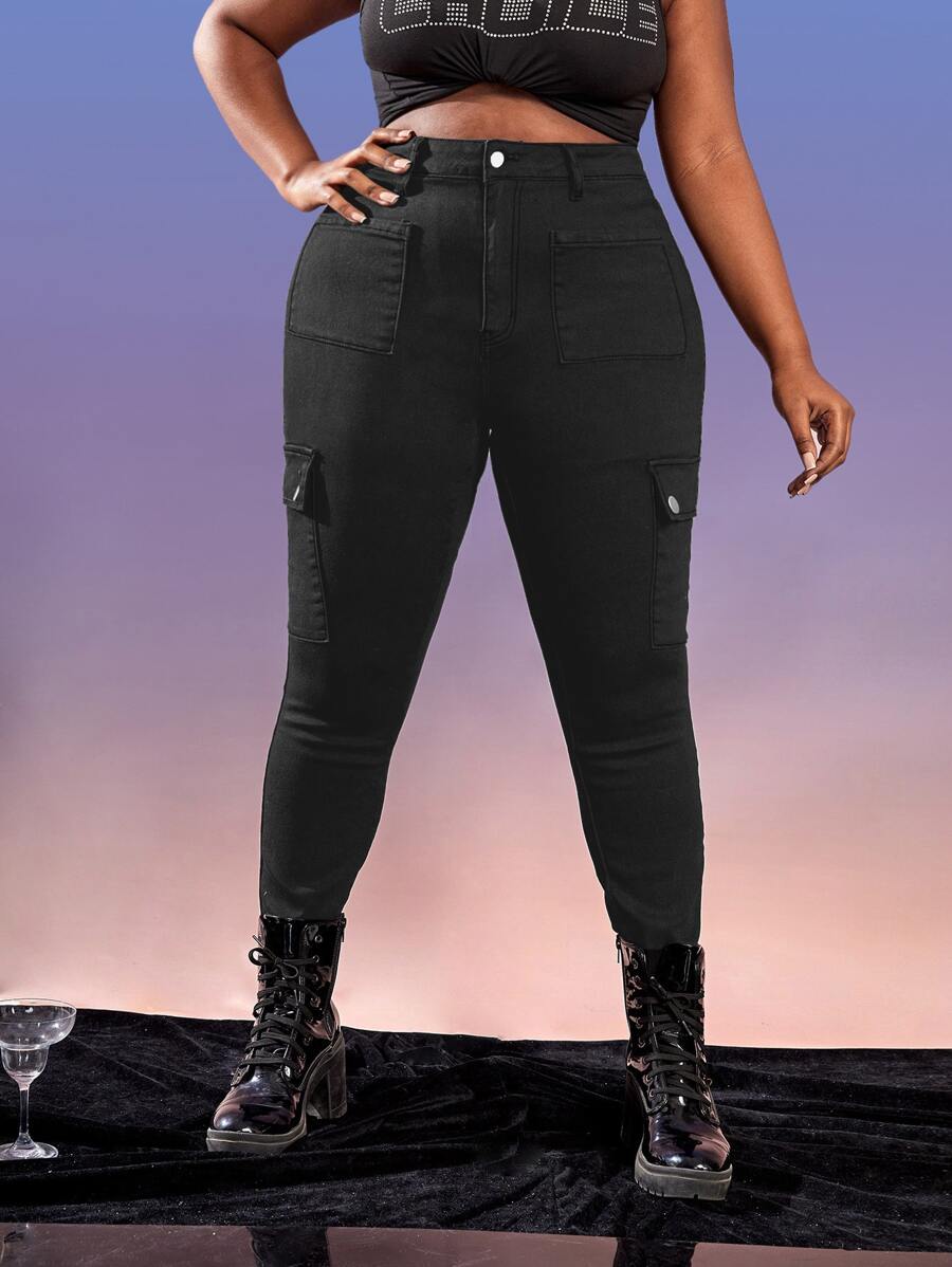 SHEIN SXY Quần Denim kích thước lớn Nút Túi Dây kéo màu trơn - màu đen - Xem 1