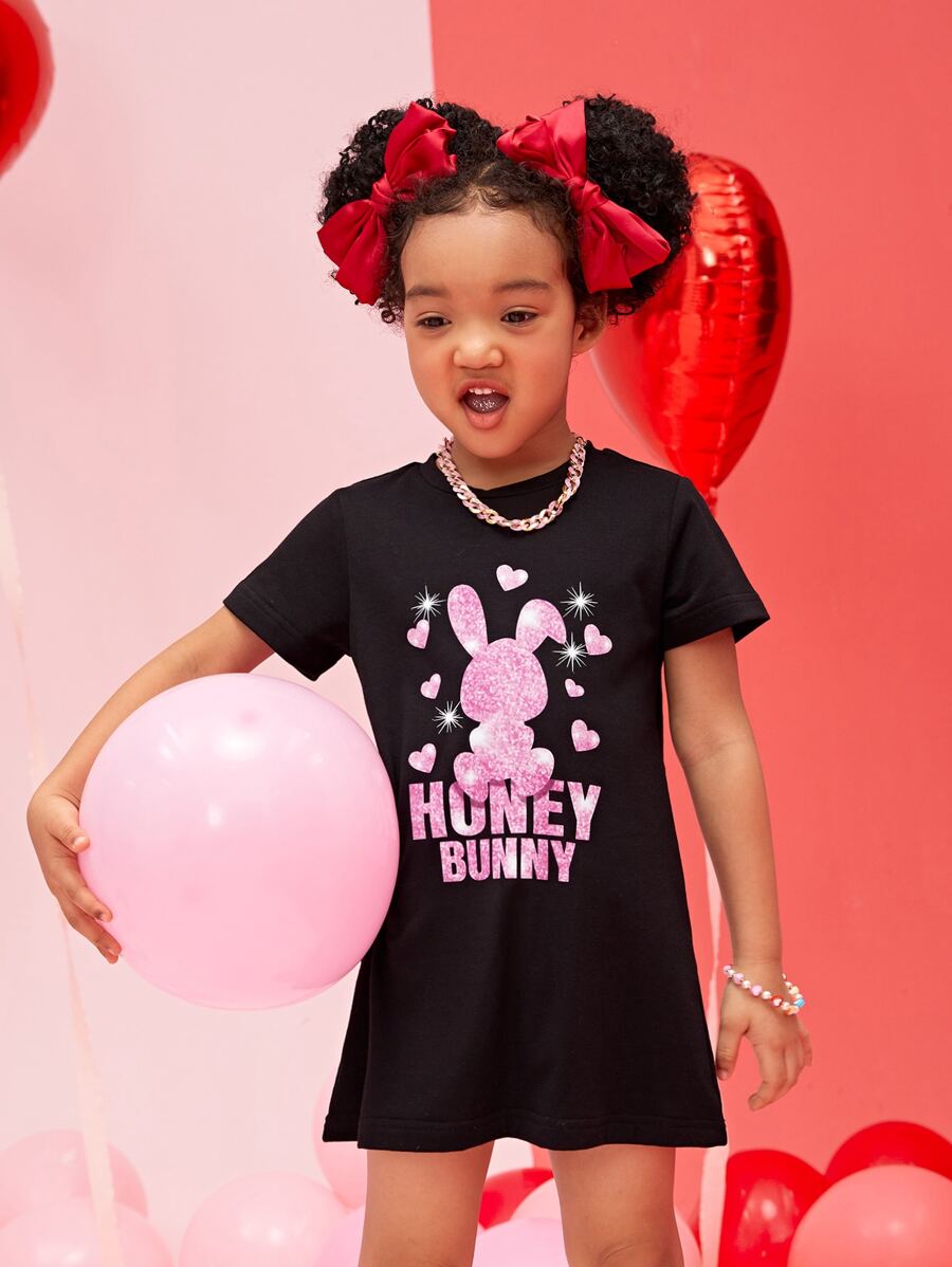 SHEIN Toddler Girls Rabbit & Letter Graphic Tee Dress - Black - View 1