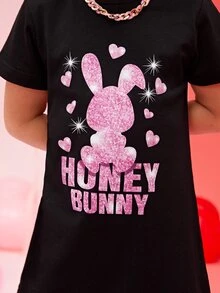 SHEIN Toddler Girls Rabbit & Letter Graphic Tee Dress - Black - View 3