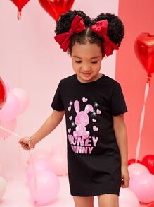 SHEIN Toddler Girls Rabbit & Letter Graphic Tee Dress - Black - View 5