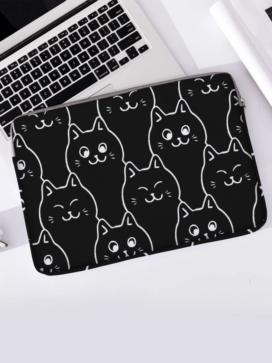 Cartoon Cat Print Laptop Bag - Black and White - View 1