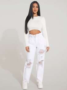 SHEIN SXY Paperbag Waist Ripped Frayed Straight Leg Jeans - White - View 5
