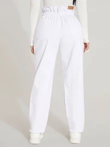 SHEIN SXY Paperbag Waist Ripped Frayed Straight Leg Jeans - White - View 3