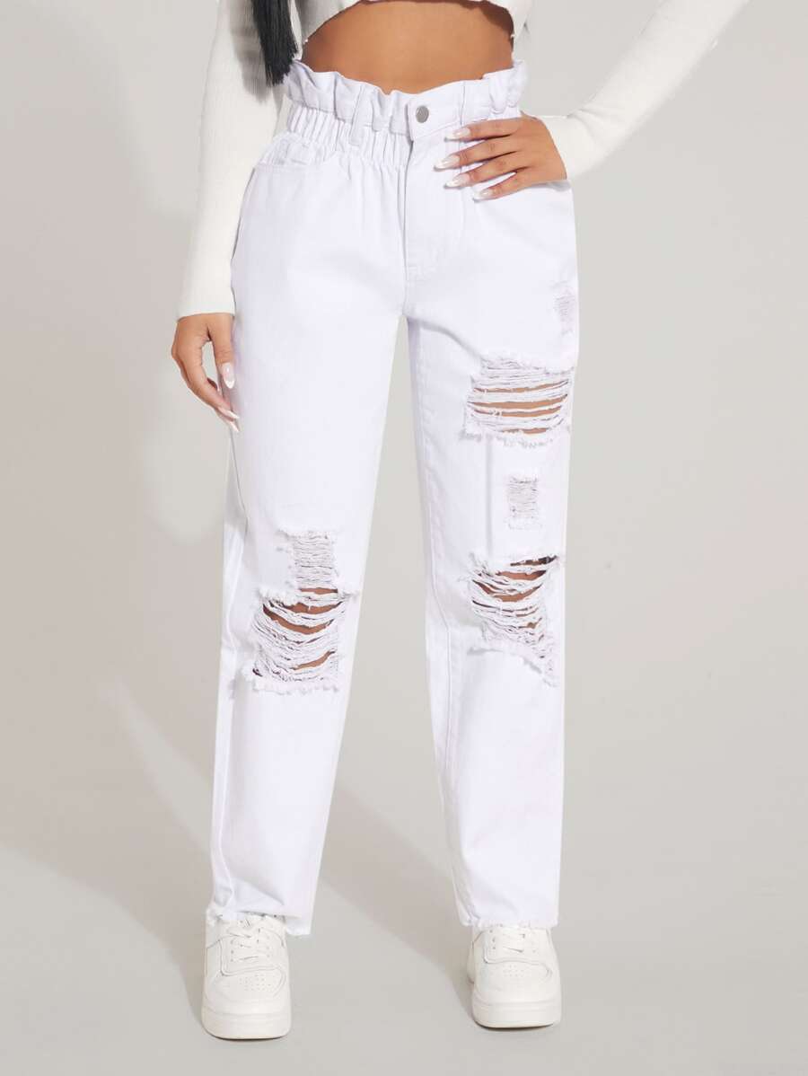 SHEIN SXY Paperbag Waist Ripped Frayed Straight Leg Jeans - White - View 1