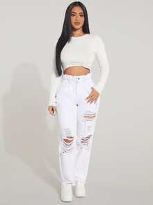 SHEIN SXY Paperbag Waist Ripped Frayed Straight Leg Jeans - White - View 4