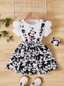 SHEIN Cô Gái Trẻ In gấu trúc Viền Ruffle Áo thun & Váy tạp dề - Đen và trắng - Xem 1