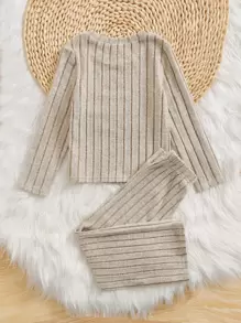SHEIN Tricou și pantaloni din tricot cu nervuri pentru fetiță