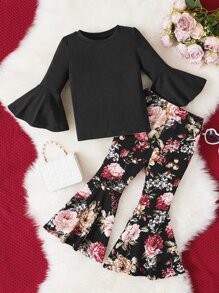 SHEIN Leap Crew 少女荷葉袖t恤和漂亮的印花喇叭褲 - 彩色 - 查看 1