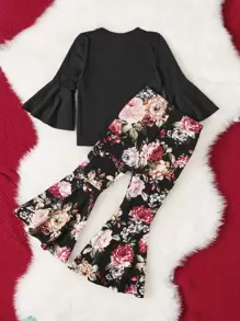 SHEIN Leap Crew 少女荷葉袖t恤和漂亮的印花喇叭褲 - 彩色 - 查看 2