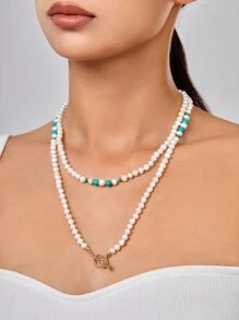 Faux Pearl & Turquoise Decor Beaded Necklace - Multicolor - View 1
