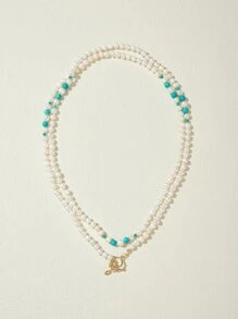 Faux Pearl & Turquoise Decor Beaded Necklace - Multicolor - View 2