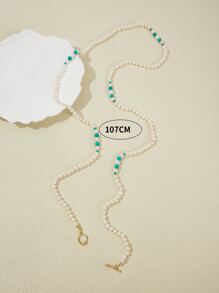 Faux Pearl & Turquoise Decor Beaded Necklace - Multicolor - View 3