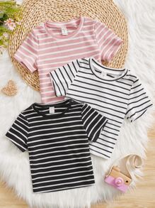 SHEIN Young Girl 3pcs Striped Print Tee - Multicolor - View 1