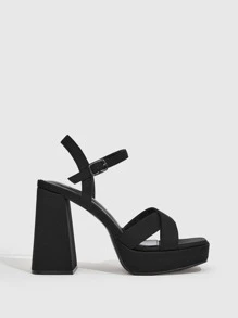 粗跟緞面踝帶平底涼鞋 - 黑色 - 查看 4