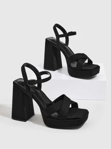 粗跟緞面踝帶平底涼鞋 - 黑色 - 查看 5