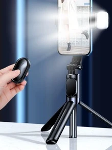 自拍杆手机三脚架带 1 个 LED 灯，53 英寸可伸缩自拍杆 135 厘米三脚架，兼容 14/13/12111/XR/Galaxy Note10/S20/兼容谷歌/兼容华为，更多适用于 Gopro Hero 11 10 9/Insta 360/DJI Action/Osmo/、视频、视频博客、直播、旅行 - 黑色 - 查看 3