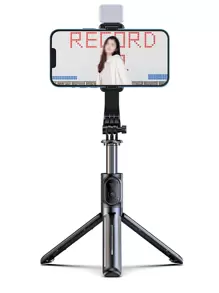 自拍杆手机三脚架带 1 个 LED 灯，53 英寸可伸缩自拍杆 135 厘米三脚架，兼容 14/13/12111/XR/Galaxy Note10/S20/兼容谷歌/兼容华为，更多适用于 Gopro Hero 11 10 9/Insta 360/DJI Action/Osmo/、视频、视频博客、直播、旅行 - 黑色 - 查看 5