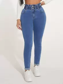 SHEIN SXY 紙袋腰緊身牛仔褲 - 中等水洗藍 - 查看 2