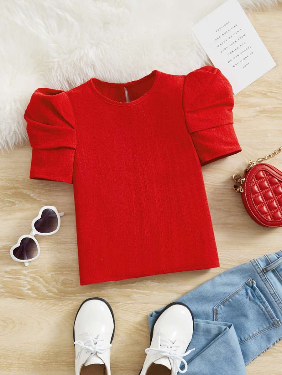 SHEIN Leap Crew 少女泡泡袖鑲鑽鍵孔後背上衣