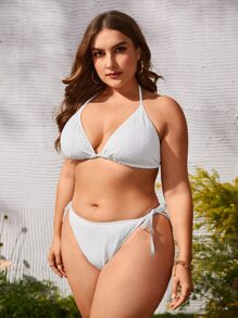 SHEIN Swim Curve 大碼紋理質感針織坦基尼套裝吊脖三角形文胸和丁字褲和罩衫洋裝3入組泳衣 - 白色 - 查看 5