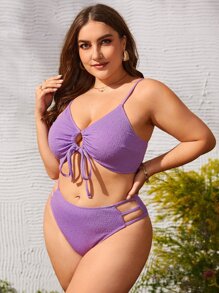 Conjunto de bikini de talla grande con cordón y recortes, para playa de verano - Lila Púrpura - Ver 3