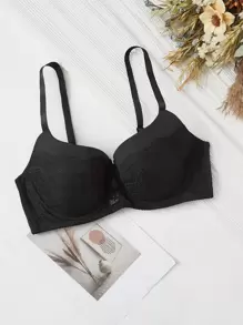 Plus Lace Panel Bow Front Underwire Bra - Black - View 1