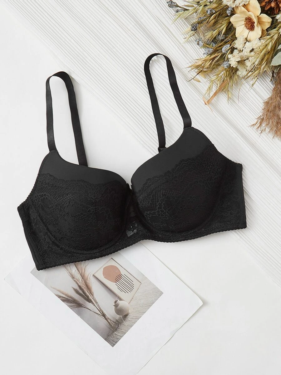 Plus Lace Panel Bow Front Underwire Bra - Black - View 1
