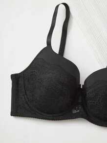 Plus Lace Panel Bow Front Underwire Bra - Black - View 4