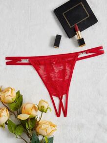 Plus Floral Lace Crotchless Thong - Red - View 1