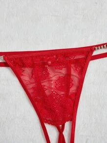 Plus Floral Lace Crotchless Thong - Red - View 3