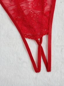 Plus Floral Lace Crotchless Thong - Red - View 4