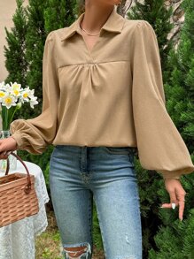 Blusa unicolor de manga farol fruncido delantero - Caqui - Ver 3