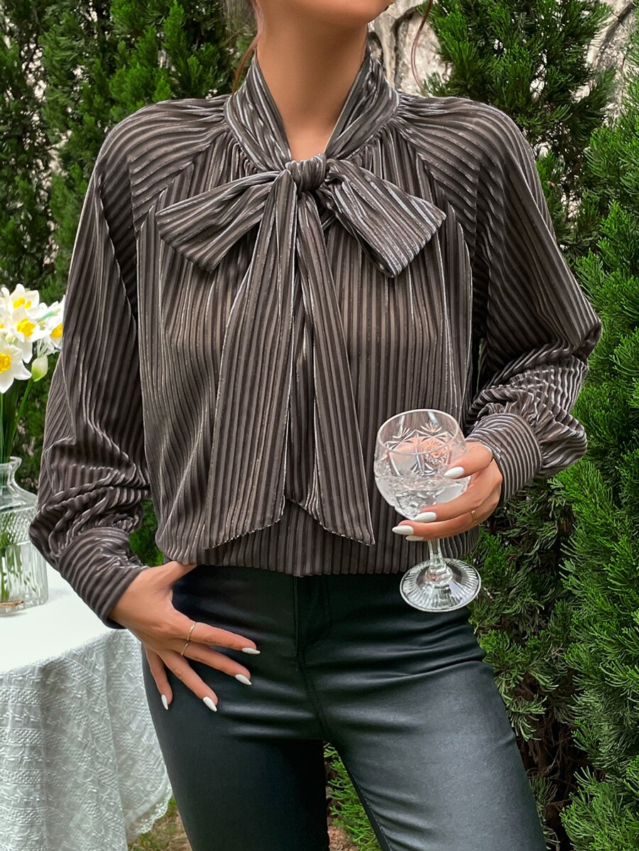 SHEIN Unity Tie Neck Raglan Sleeve Tie Front Blouse - Brown - View 1