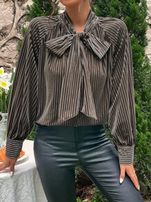 SHEIN Unity Tie Neck Raglan Sleeve Tie Front Blouse - Brown - View 4