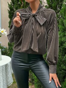 SHEIN Unity Tie Neck Raglan Sleeve Tie Front Blouse - Brown - View 5