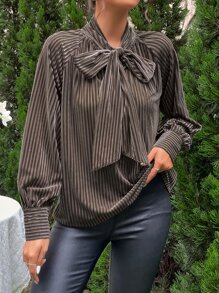 SHEIN Unity Tie Neck Raglan Sleeve Tie Front Blouse - Brown - View 6