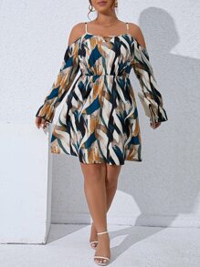 SHEIN Clasi Plus Allover Print Cold Shoulder Dress - Multicolor - View 5