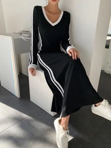 DAZY Side Striped Contrast Binding V Neck Dress,Fall Dress - Black - View 1