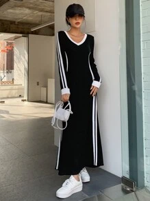 DAZY Side Striped Contrast Binding V Neck Dress,Fall Dress - Black - View 3