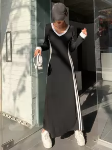 DAZY Side Striped Contrast Binding V Neck Dress,Fall Dress - Black - View 4