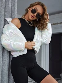 Eilly Bazar Áo khoác đệm có khóa kéo Holographic - trắng - Xem 5