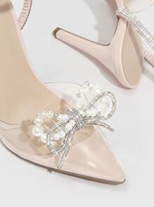 CUCCOO SZL Woman Shoes Faux Pearl & Rhinestone Decor Stiletto Heeled Ankle Strap Pumps For Spring And Summer Vacation Shoes Summer Elegant Heels - Clear - View 3