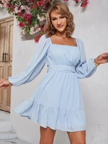 Eilly Bazar Vestido de cuello cuadrado de manga farol bajo con fruncido - Celeste - Ver 1
