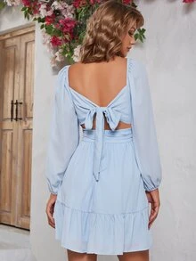 Eilly Bazar Vestido de cuello cuadrado de manga farol bajo con fruncido - Celeste - Ver 2