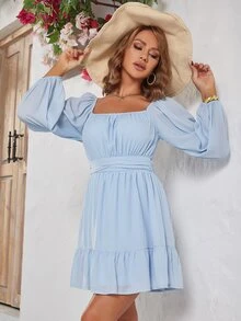 Eilly Bazar Vestido de cuello cuadrado de manga farol bajo con fruncido - Celeste - Ver 3