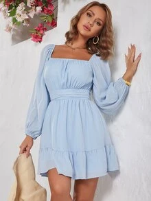 Eilly Bazar Vestido de cuello cuadrado de manga farol bajo con fruncido - Celeste - Ver 4