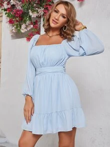 Eilly Bazar Vestido de cuello cuadrado de manga farol bajo con fruncido - Celeste - Ver 6