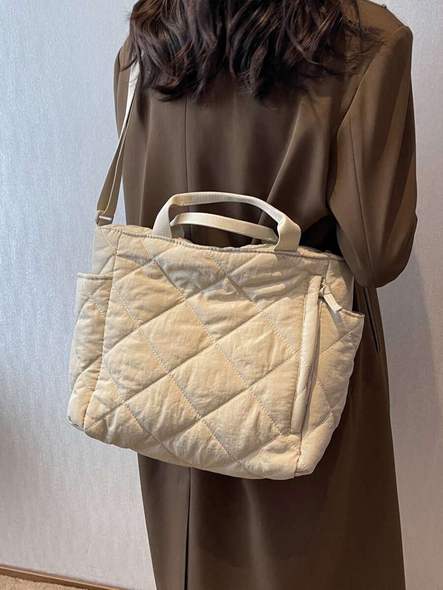 Quilted Detail Top Handle Bag - White - View 1