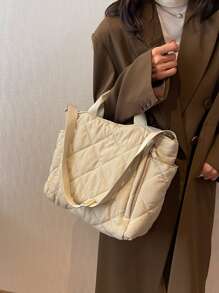 Quilted Detail Top Handle Bag - White - View 3